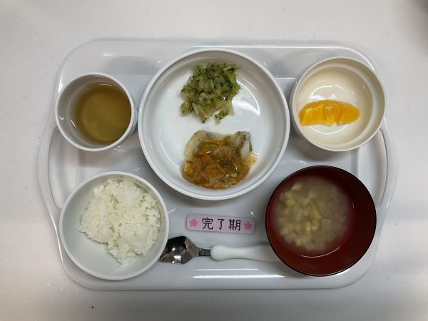 <完了食>ごはんかれいの甘酢あんブロッコリーのおかか煮味噌汁オレンジ